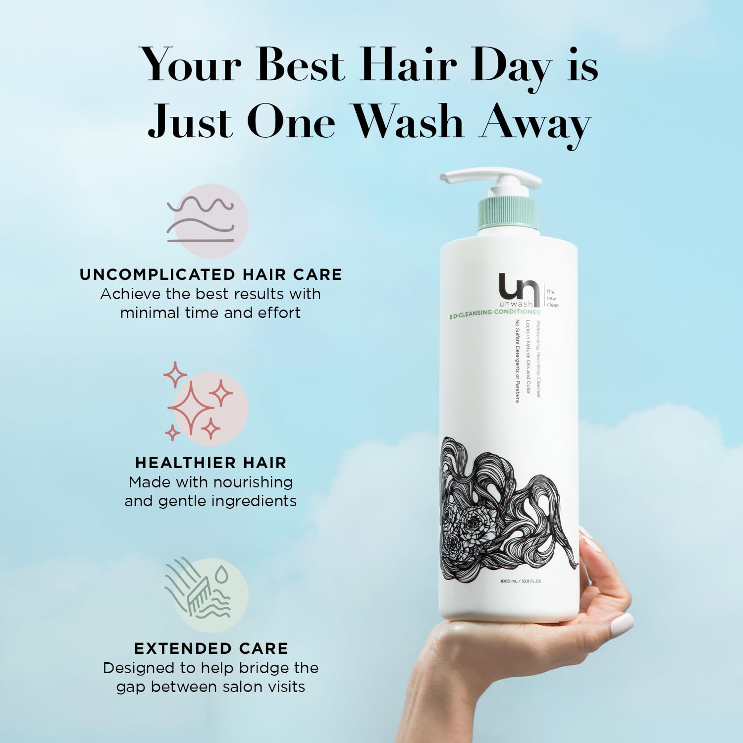 Unwash Bio-Cleansing Conditioner – Gentle Hydrating Co-Wash for Curly & Dry Hair, 33.8 fl oz