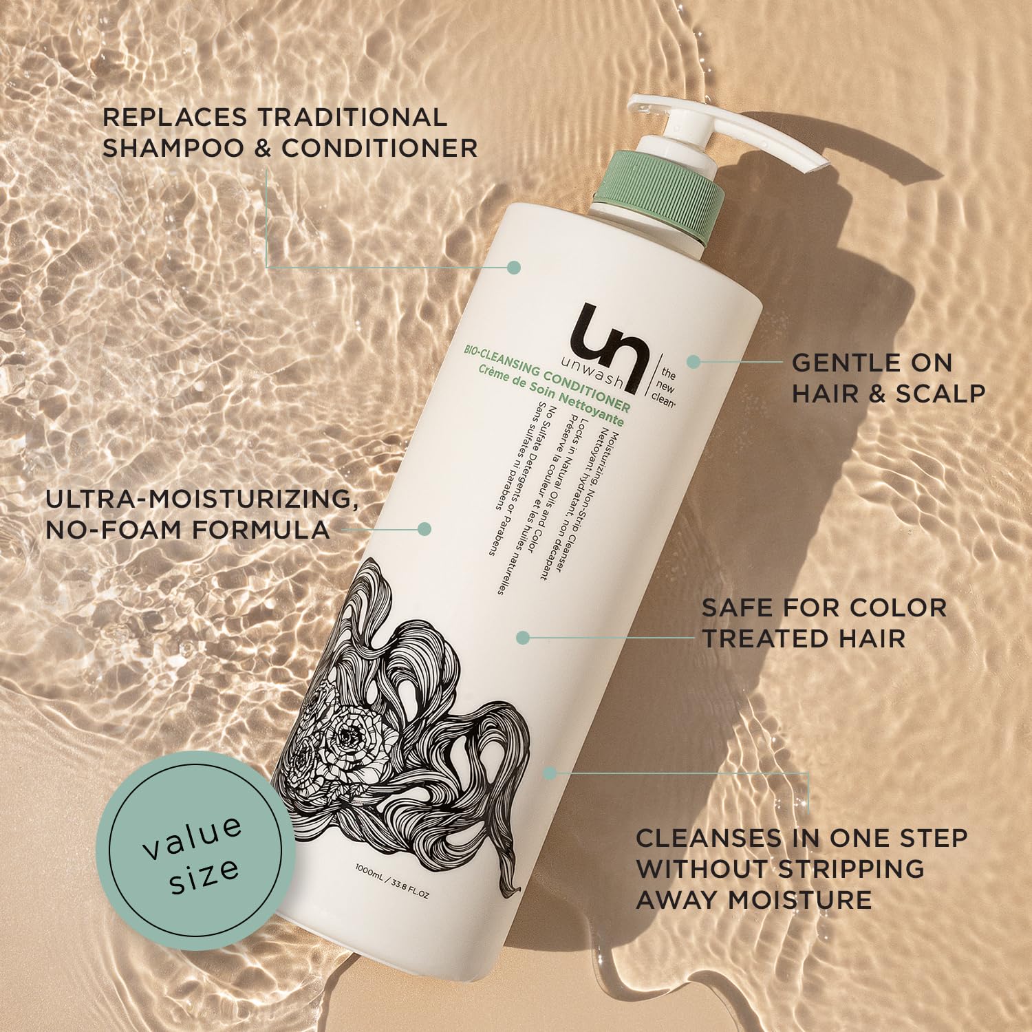 Unwash Bio-Cleansing Conditioner – Gentle Hydrating Co-Wash for Curly & Dry Hair, 33.8 fl oz