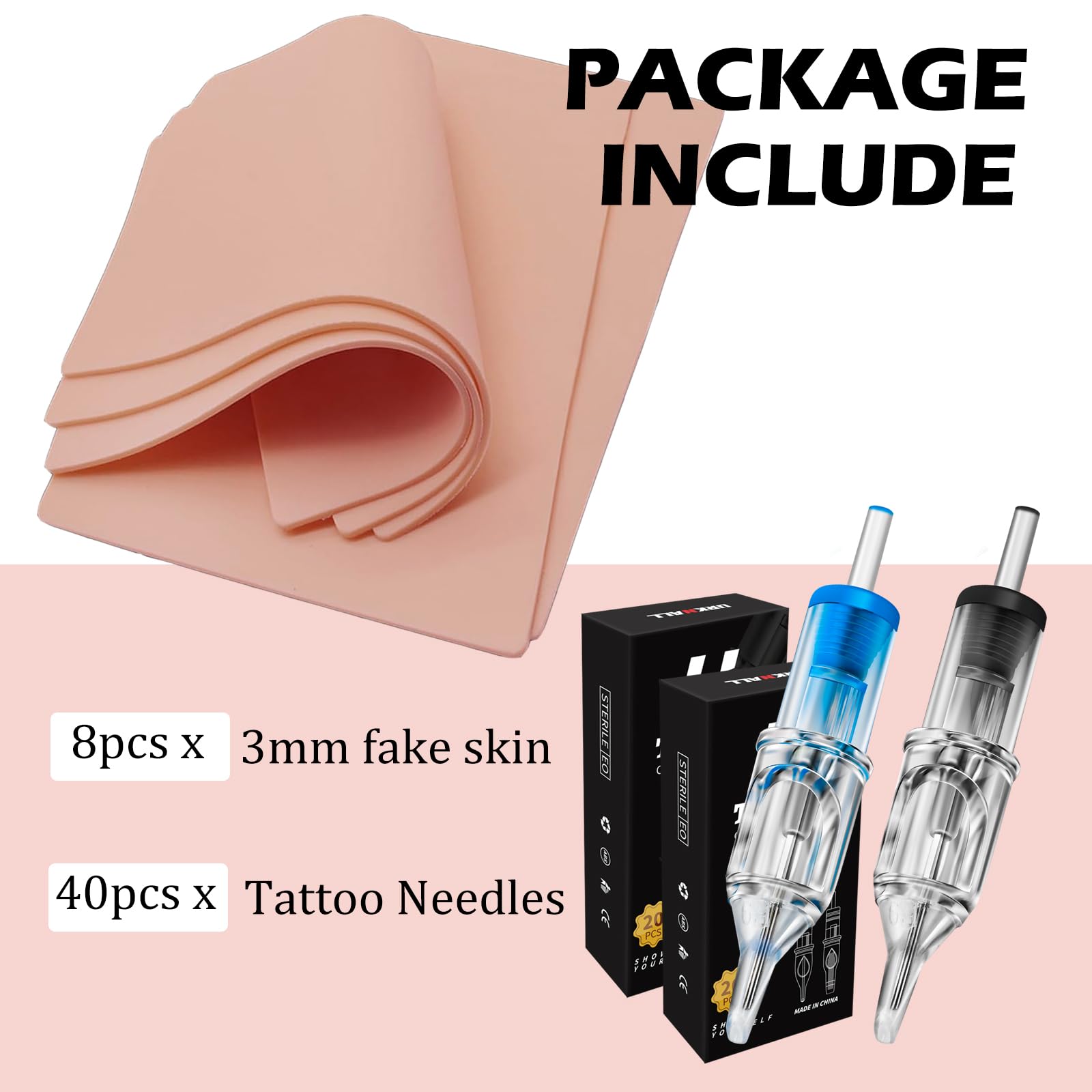 Urknall 48pcs 3mm Skin Kit — 8 Fake Skin + 40 Liners for Tattoo Practice