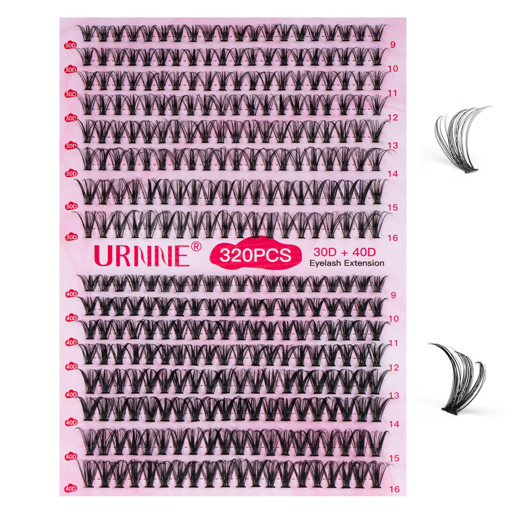 URNNE DIY Lash Extension Kit — 9-16mm Mix, 320 Pcs Clusters, Bond & Seal