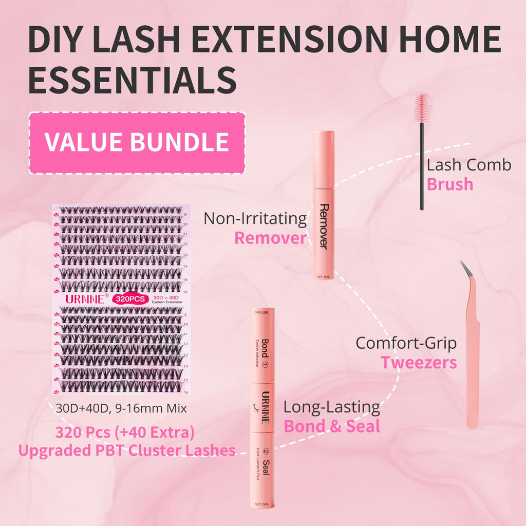 URNNE DIY Lash Extension Kit — 9-16mm Mix, 320 Pcs Clusters, Bond & Seal