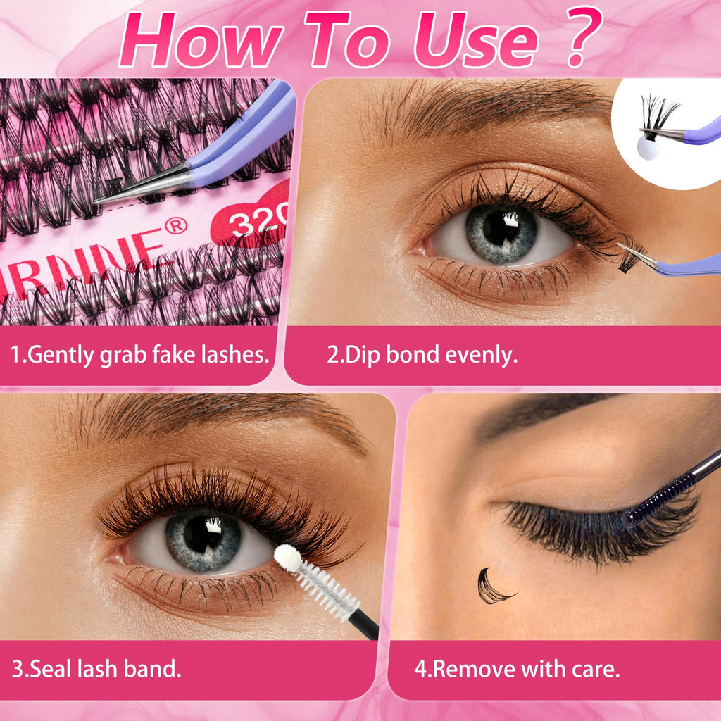 URNNE DIY Lash Extension Kit — 9-16mm Mix, 320 Pcs Clusters, Bond & Seal