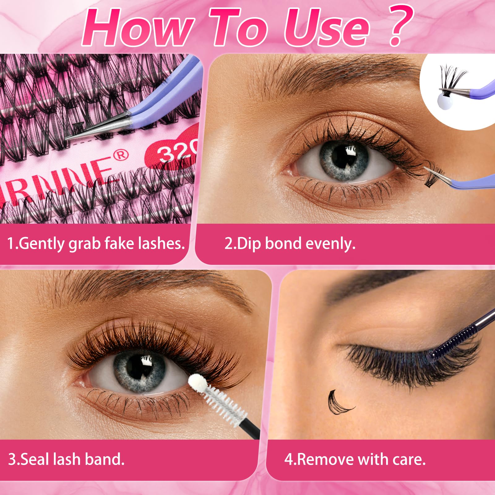 URNNE DIY Lash Extension Kit — 9-16mm Mix, 320 Pcs Clusters, Bond & Seal