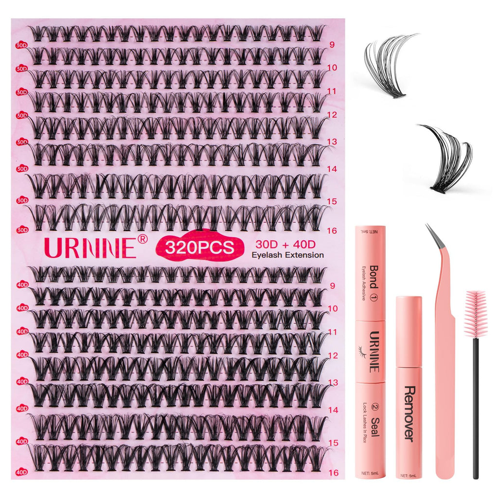 URNNE DIY Lash Extension Kit — 9-16mm Mix, 320 Pcs Clusters, Bond & Seal