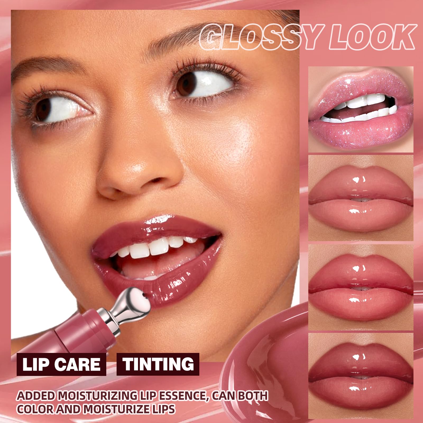URQT Brightening Lip Serum Set – Hydrating Glossy Lip Oil with Cooling Metal Applicator (4PCS)