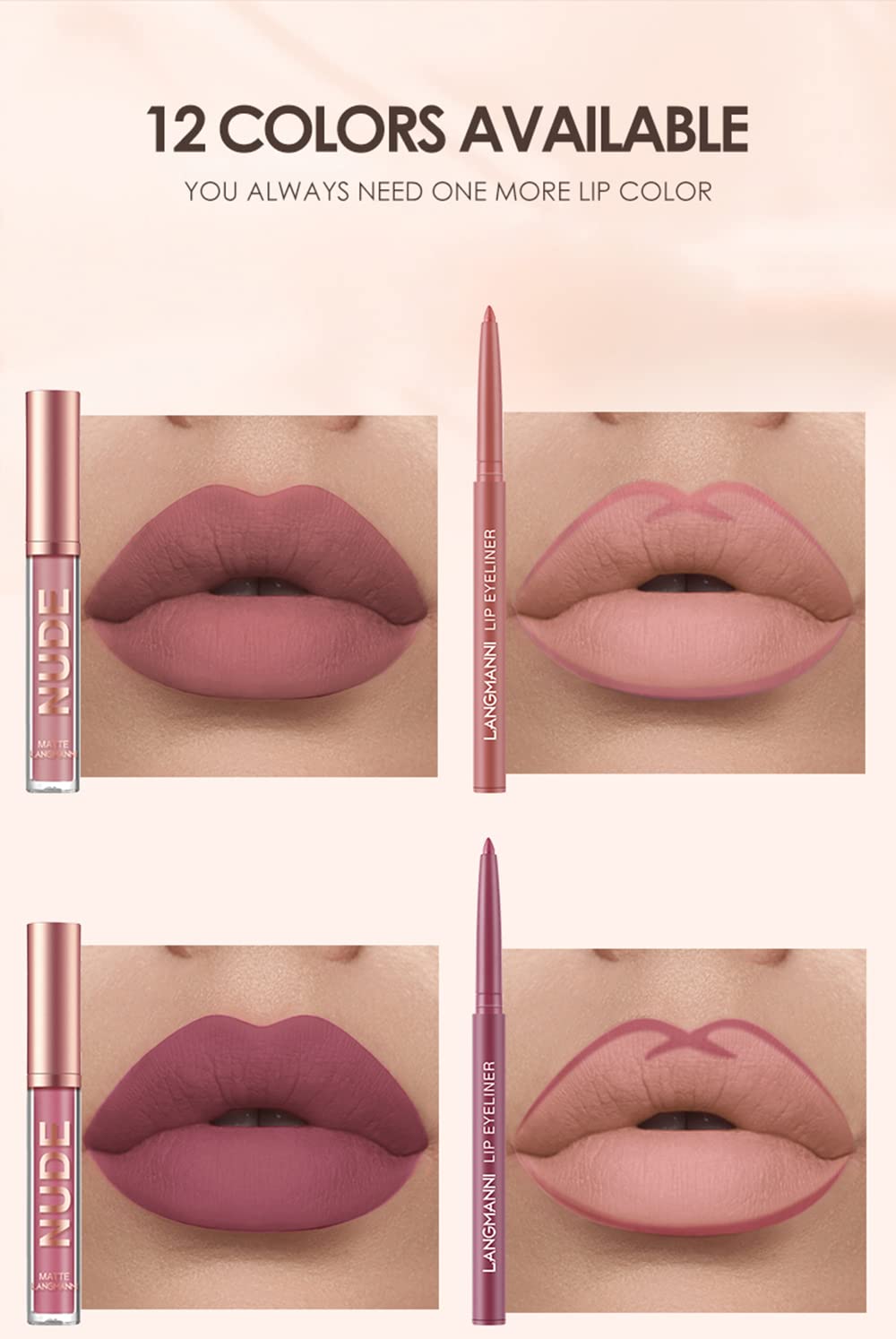 URQT 12pcs Lip Liner & Lipstick Set – 6 Velvet Matte Liquid Lipsticks + 6 Matching Lip Liners