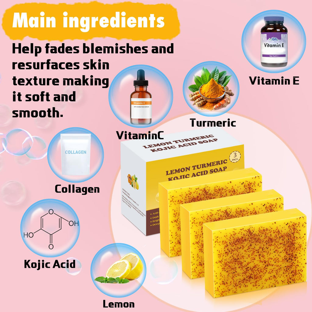 Urrznp Kojic Soap Bar | Lemon Turmeric with Vitamin C for Dry, Sensitive Skin | 3 Bars
