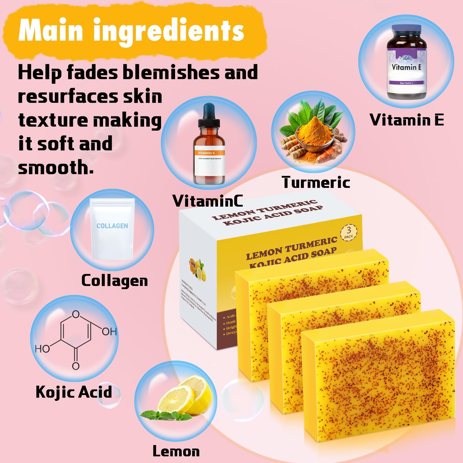 Urrznp Kojic Soap Bar | Lemon Turmeric with Vitamin C for Dry, Sensitive Skin | 3 Bars