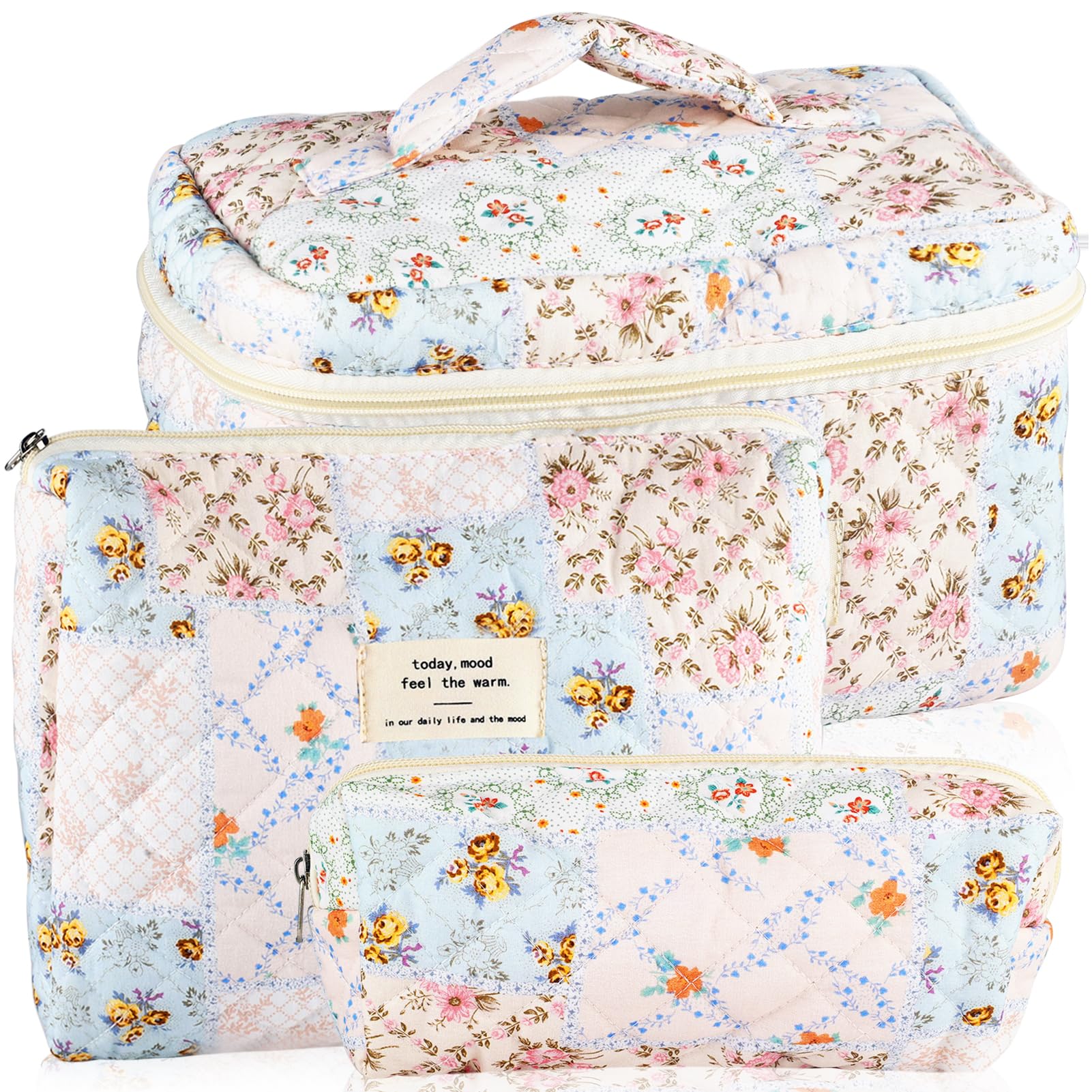 URSKYTOUS 3Pcs Cotton Quilted Makeup Bag Set – Floral Bee Pattern, Travel Cosmetic Bags