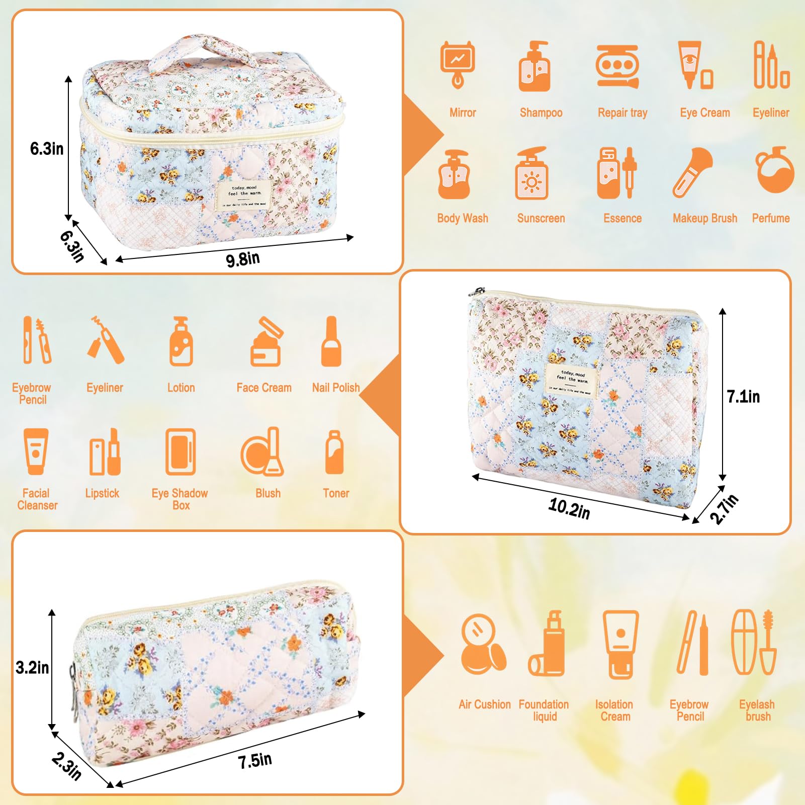 URSKYTOUS 3Pcs Cotton Quilted Makeup Bag Set – Floral Bee Pattern, Travel Cosmetic Bags