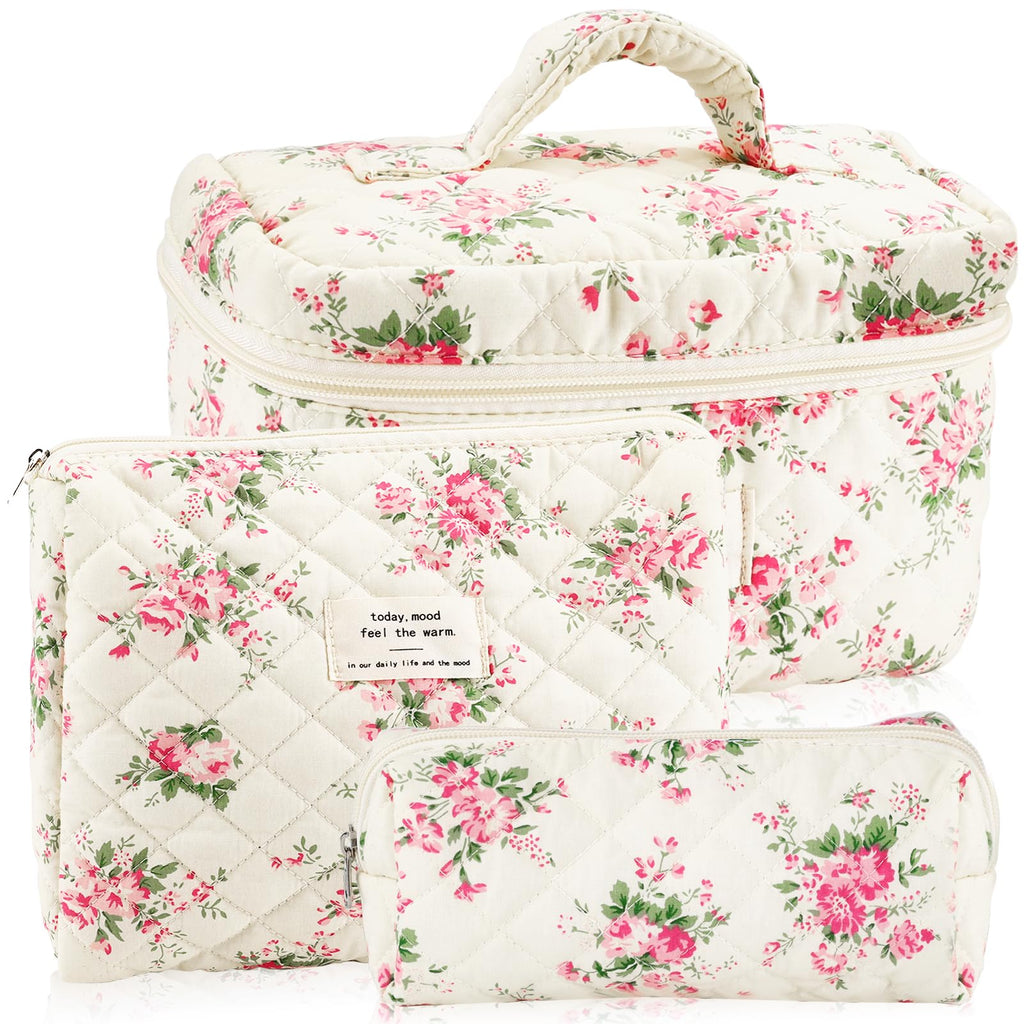 URSKYTOUS 3Pcs Cotton Quilted Makeup Bag Set – Floral Travel Cosmetic Bags for Women