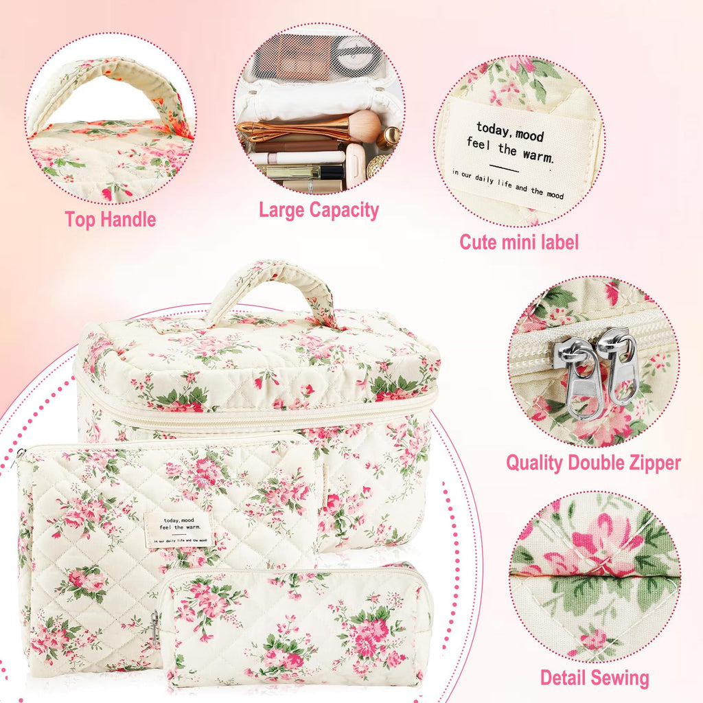 URSKYTOUS 3Pcs Cotton Quilted Makeup Bag Set – Floral Travel Cosmetic Bags for Women