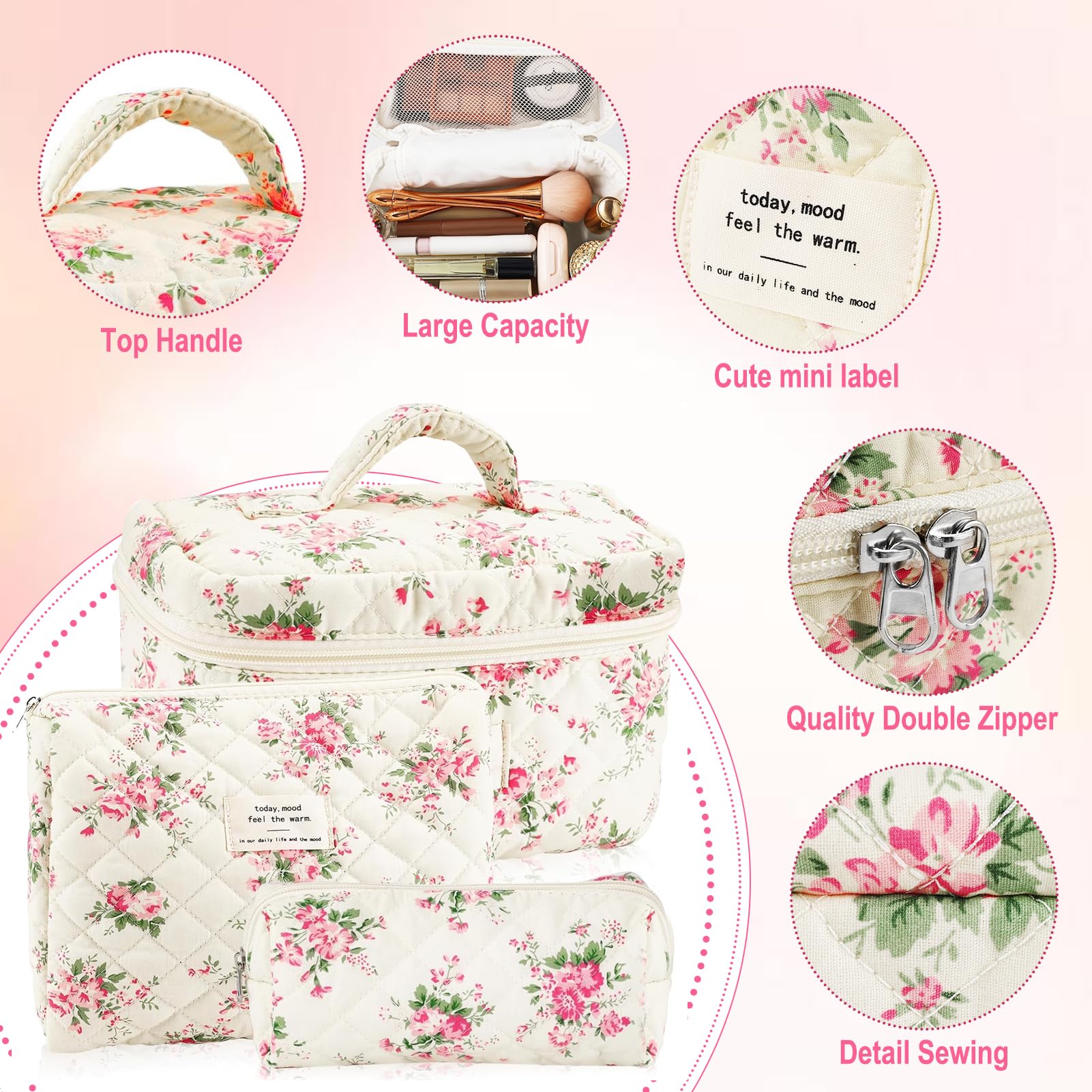 URSKYTOUS 3Pcs Cotton Quilted Makeup Bag Set – Floral Travel Cosmetic Bags for Women