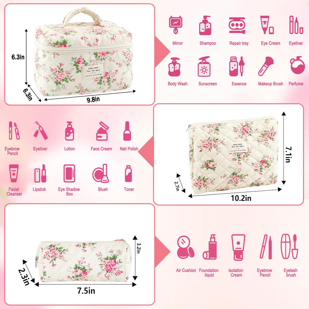 URSKYTOUS 3Pcs Cotton Quilted Makeup Bag Set – Floral Travel Cosmetic Bags for Women
