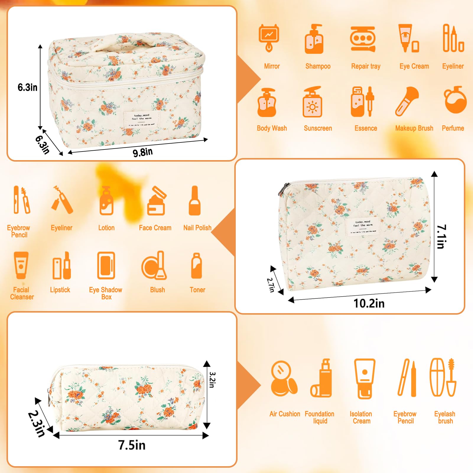 URSKYTOUS 3Pcs Cotton Quilted Makeup Bag Set – Floral Travel Cosmetic Bags