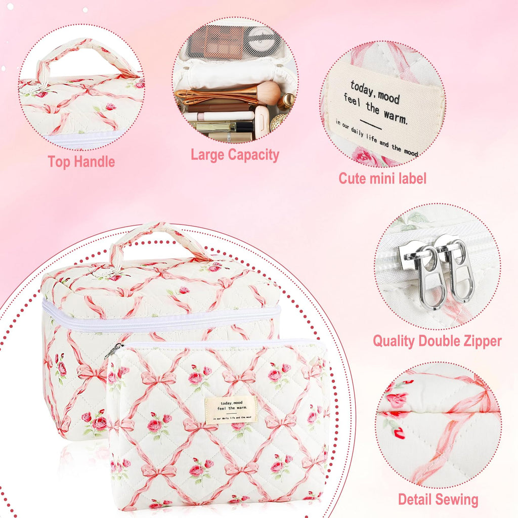 URSKYTOUS 2-Piece Cotton Quilted Makeup Bags Set – Large & Small Floral Pink Cosmetic Pouches