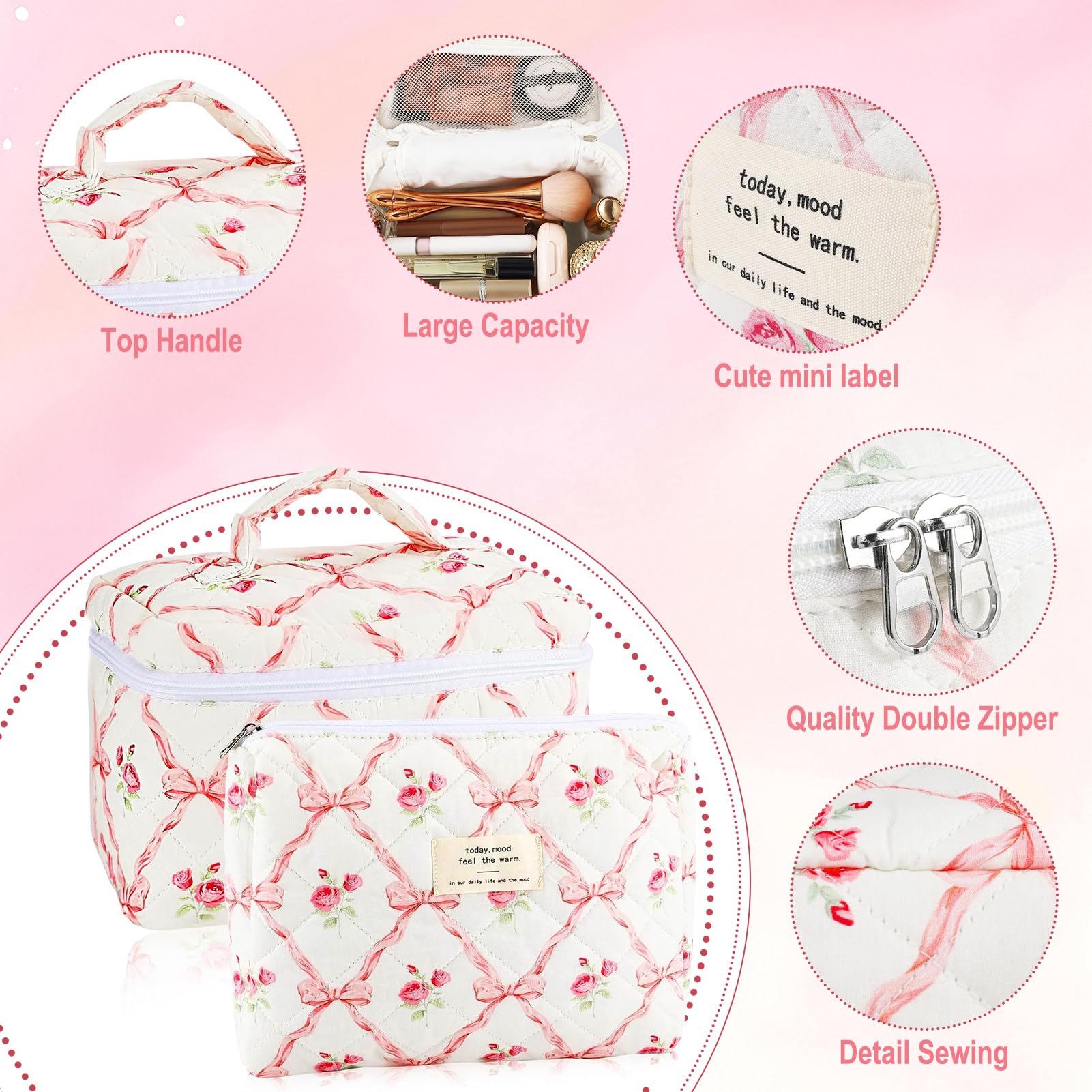 URSKYTOUS 2-Piece Cotton Quilted Makeup Bags Set – Large & Small Floral Pink Cosmetic Pouches