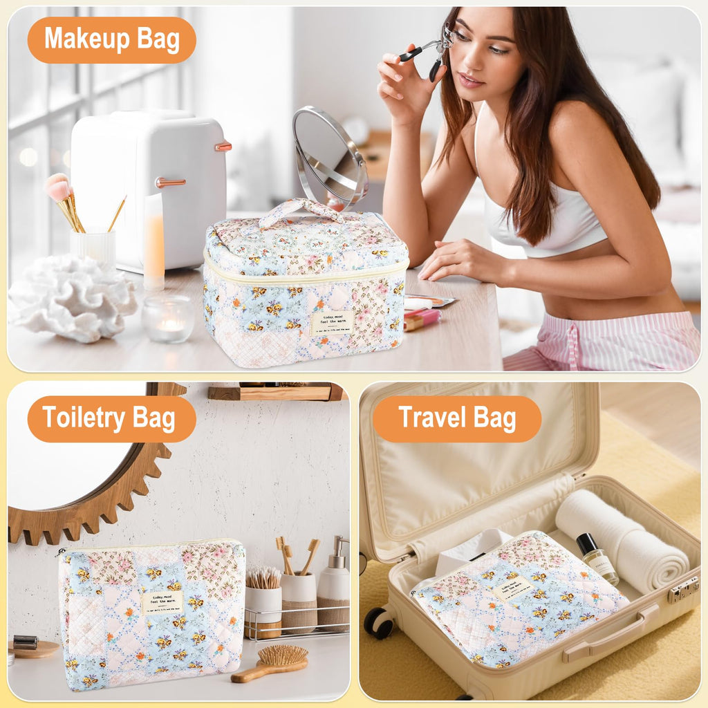 URSKYTOUS 3Pcs Cotton Quilted Makeup Bag Set – Floral Bee Pattern, Travel Cosmetic Bags