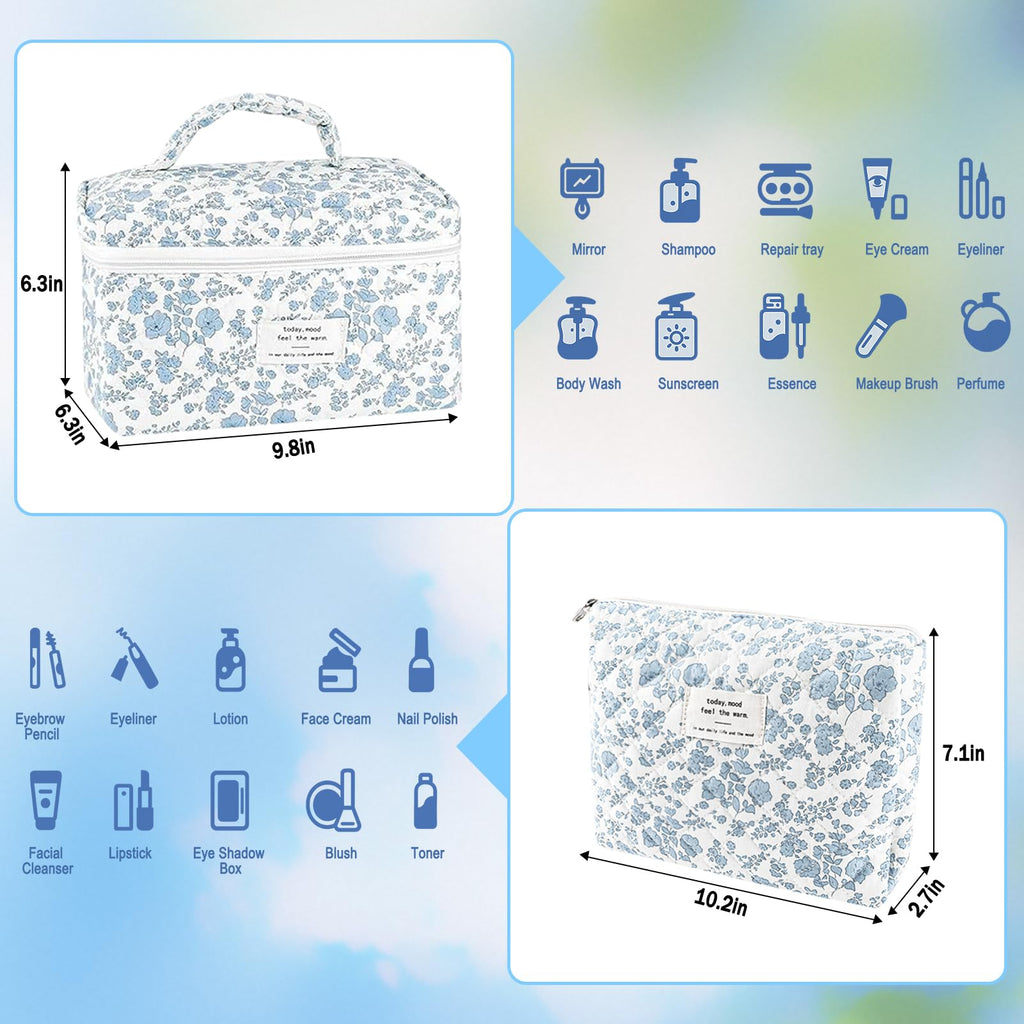 URSKYTOUS 2Pcs Cotton Quilted Makeup Bags — Extra Large & Small Travel Cosmetic Set, Blue Floral