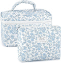 URSKYTOUS 2Pcs Cotton Quilted Makeup Bags — Extra Large & Small Travel Cosmetic Set, Blue Floral