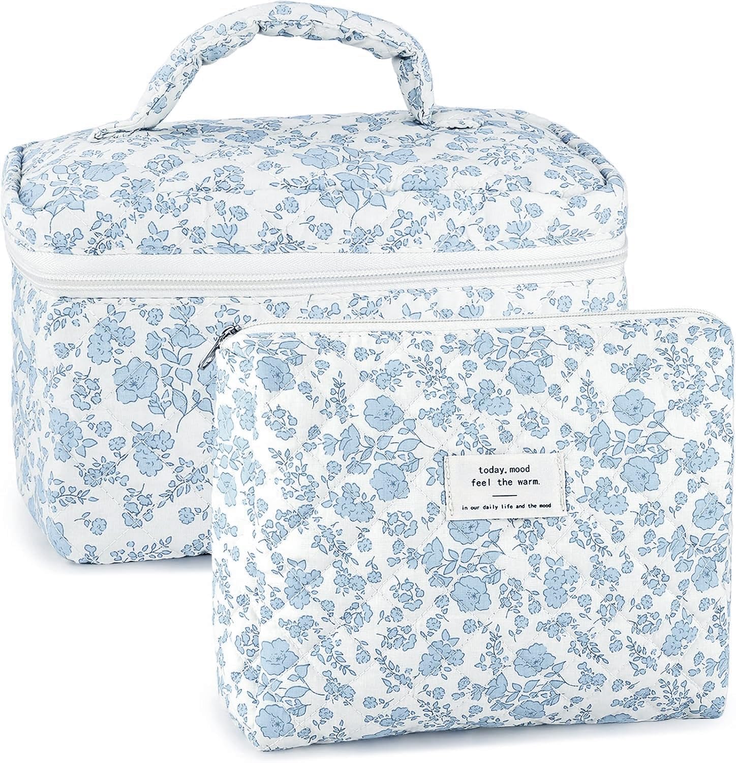 URSKYTOUS 2Pcs Cotton Quilted Makeup Bags — Extra Large & Small Travel Cosmetic Set, Blue Floral