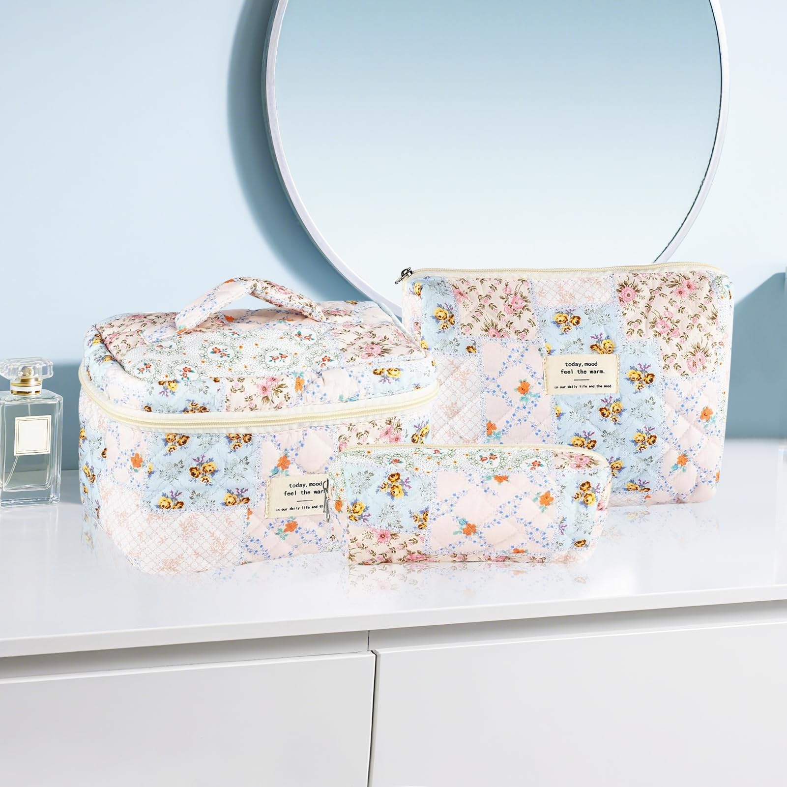 URSKYTOUS 3Pcs Cotton Quilted Makeup Bag Set – Floral Bee Pattern, Travel Cosmetic Bags