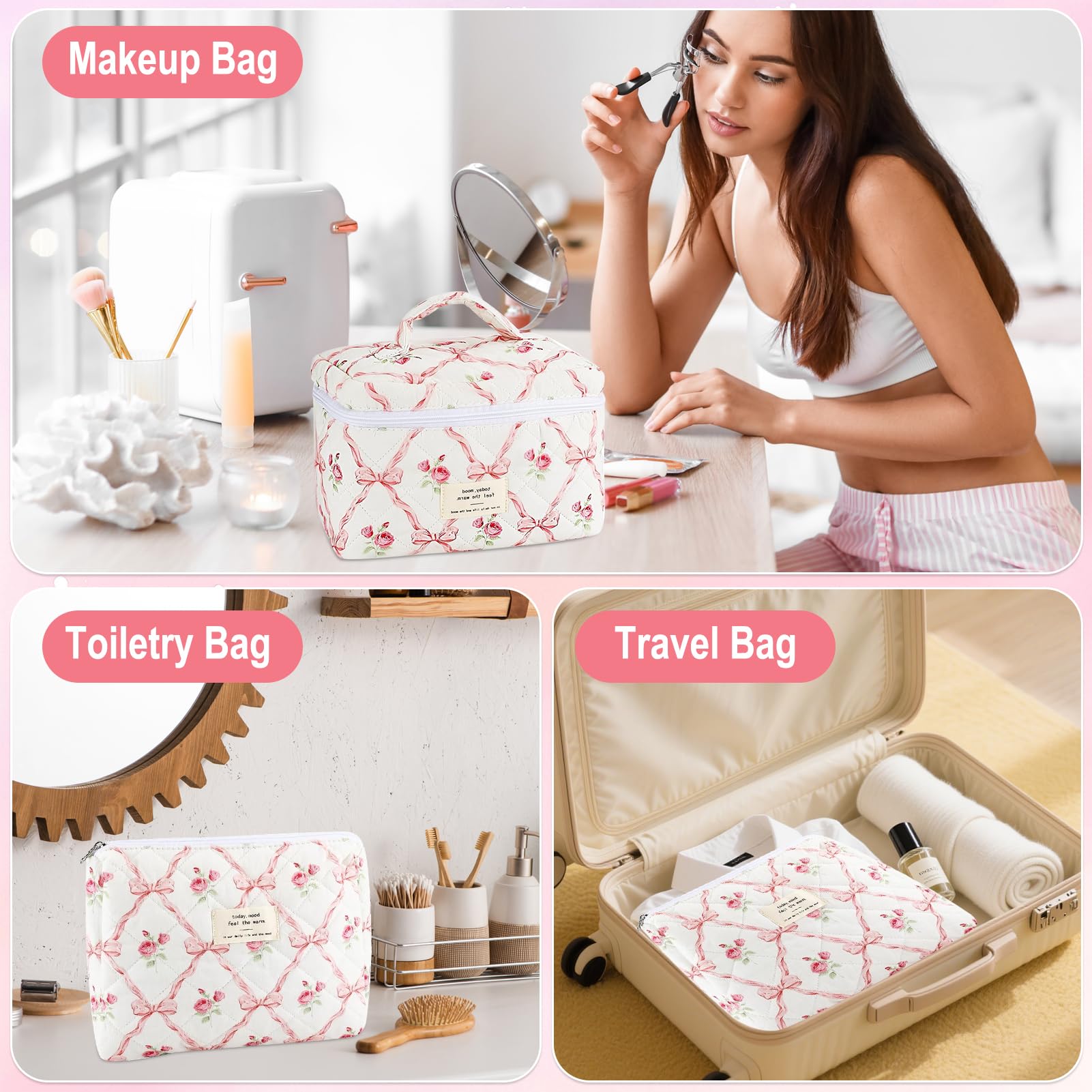 URSKYTOUS 2-Piece Cotton Quilted Makeup Bags Set – Large & Small Floral Pink Cosmetic Pouches