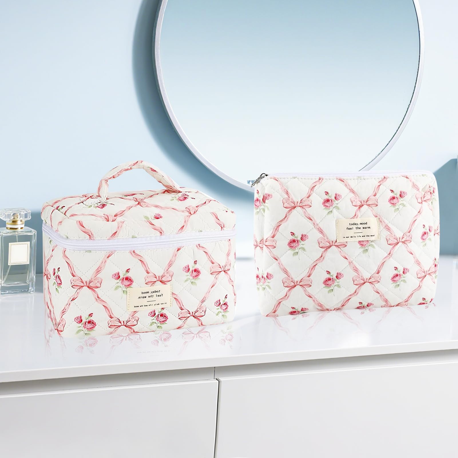 URSKYTOUS 2-Piece Cotton Quilted Makeup Bags Set – Large & Small Floral Pink Cosmetic Pouches