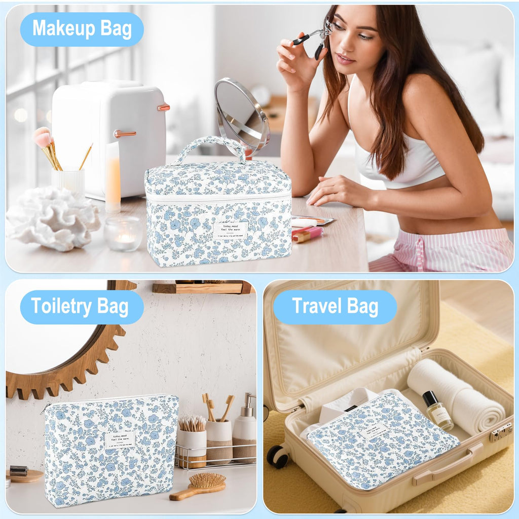 URSKYTOUS 2Pcs Cotton Quilted Makeup Bags — Extra Large & Small Travel Cosmetic Set, Blue Floral