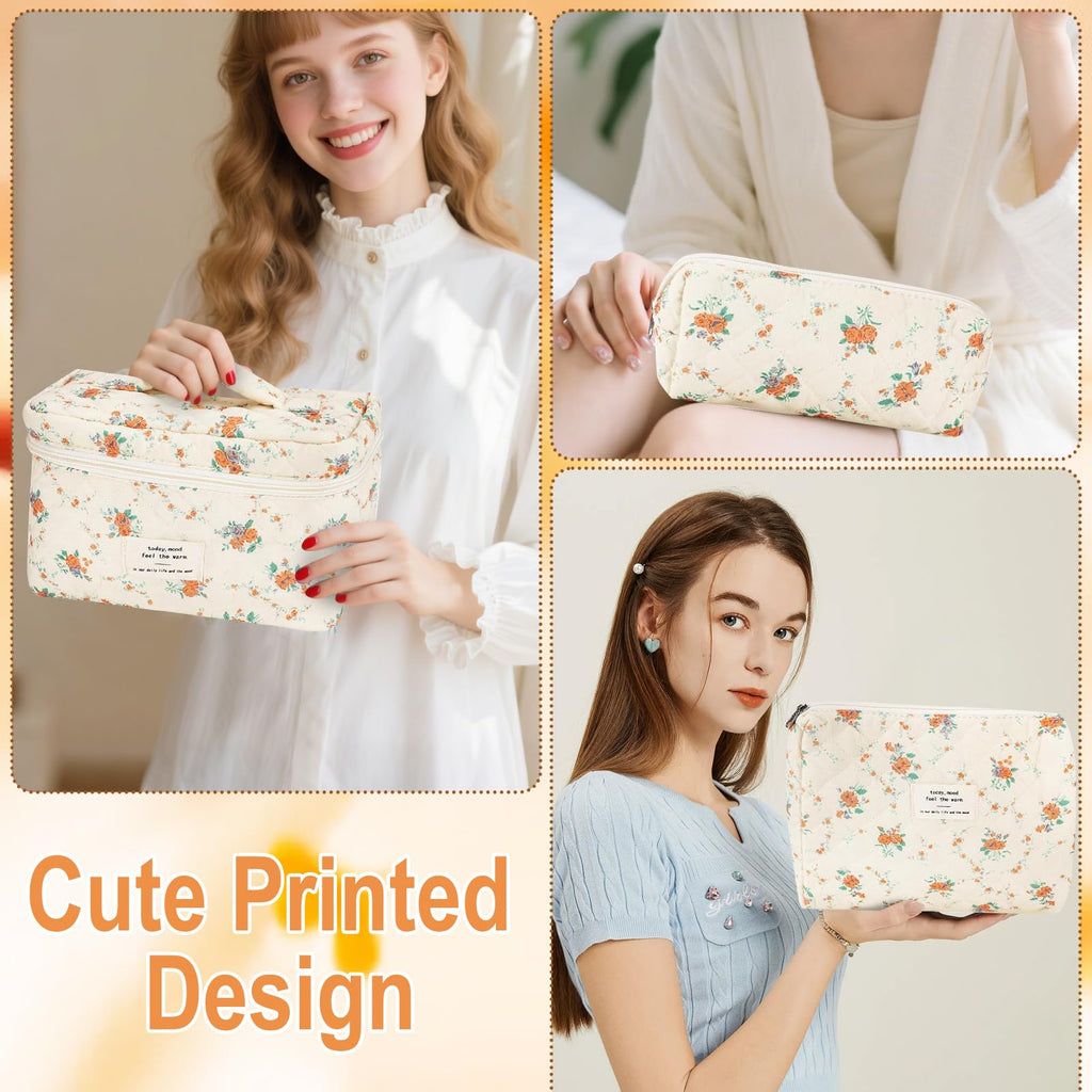 URSKYTOUS 3Pcs Cotton Quilted Makeup Bag Set – Floral Travel Cosmetic Bags