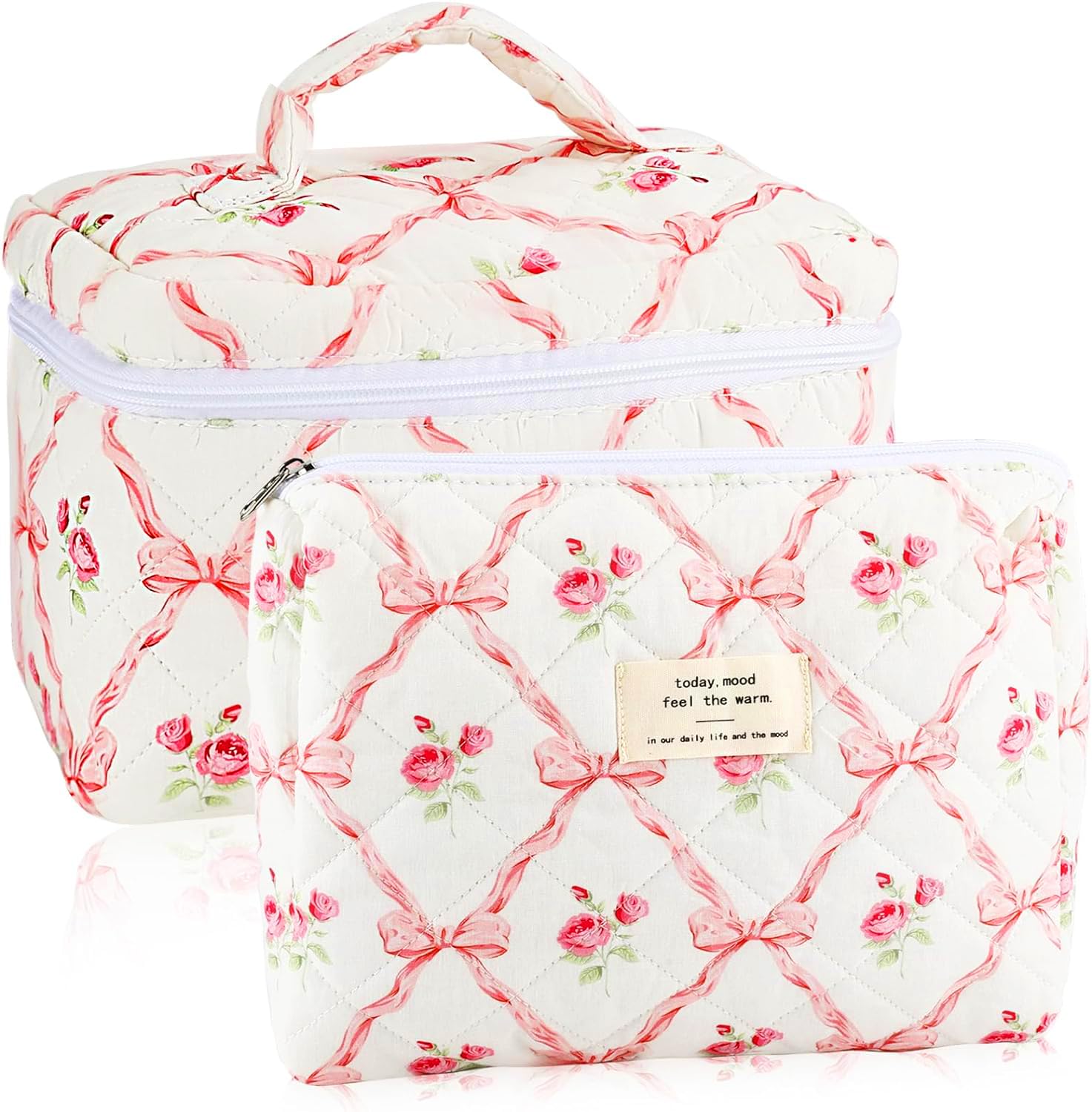 URSKYTOUS 2-Piece Cotton Quilted Makeup Bags Set – Large & Small Floral Pink Cosmetic Pouches