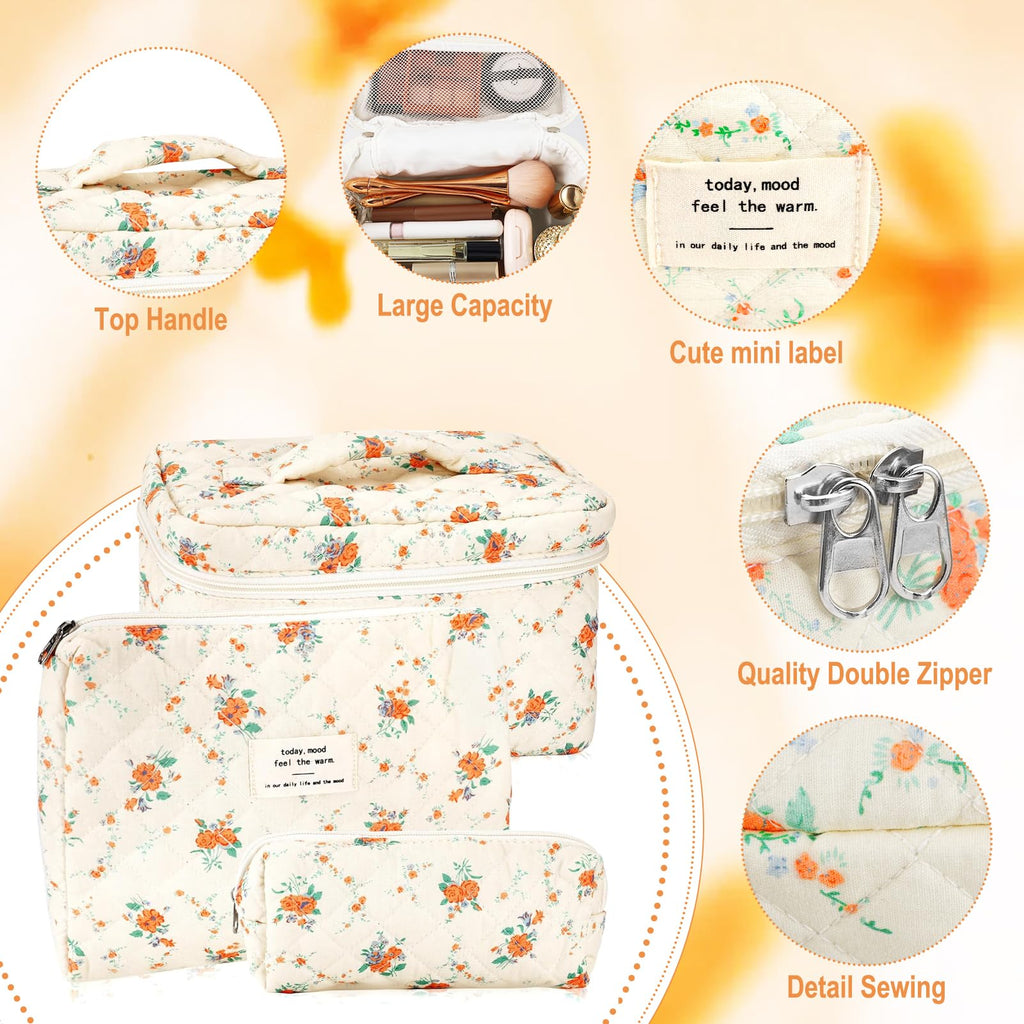 URSKYTOUS 3Pcs Cotton Quilted Makeup Bag Set – Floral Travel Cosmetic Bags