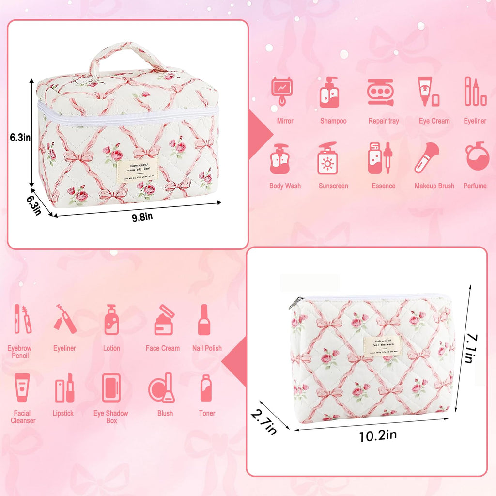 URSKYTOUS 2-Piece Cotton Quilted Makeup Bags Set – Large & Small Floral Pink Cosmetic Pouches