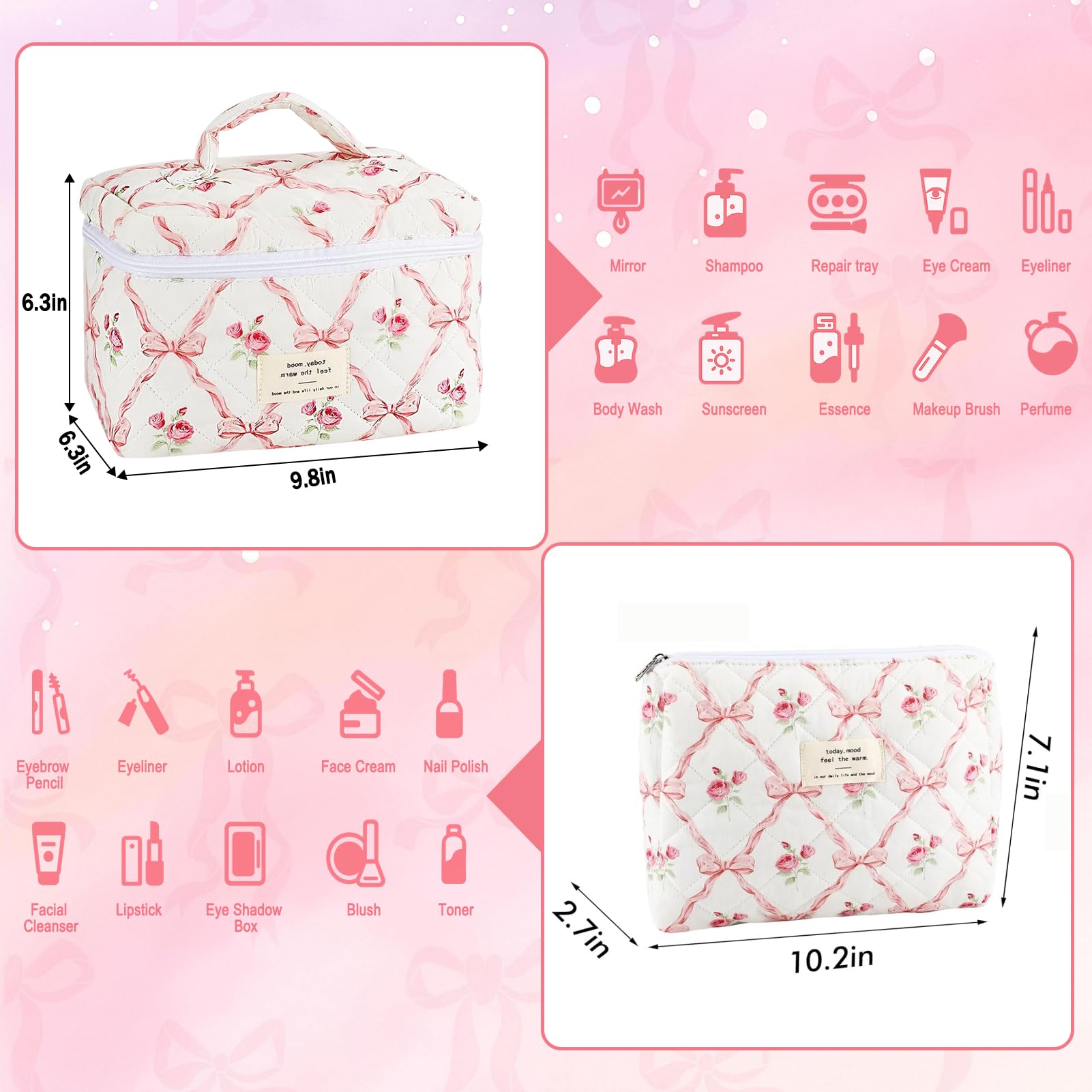URSKYTOUS 2-Piece Cotton Quilted Makeup Bags Set – Large & Small Floral Pink Cosmetic Pouches