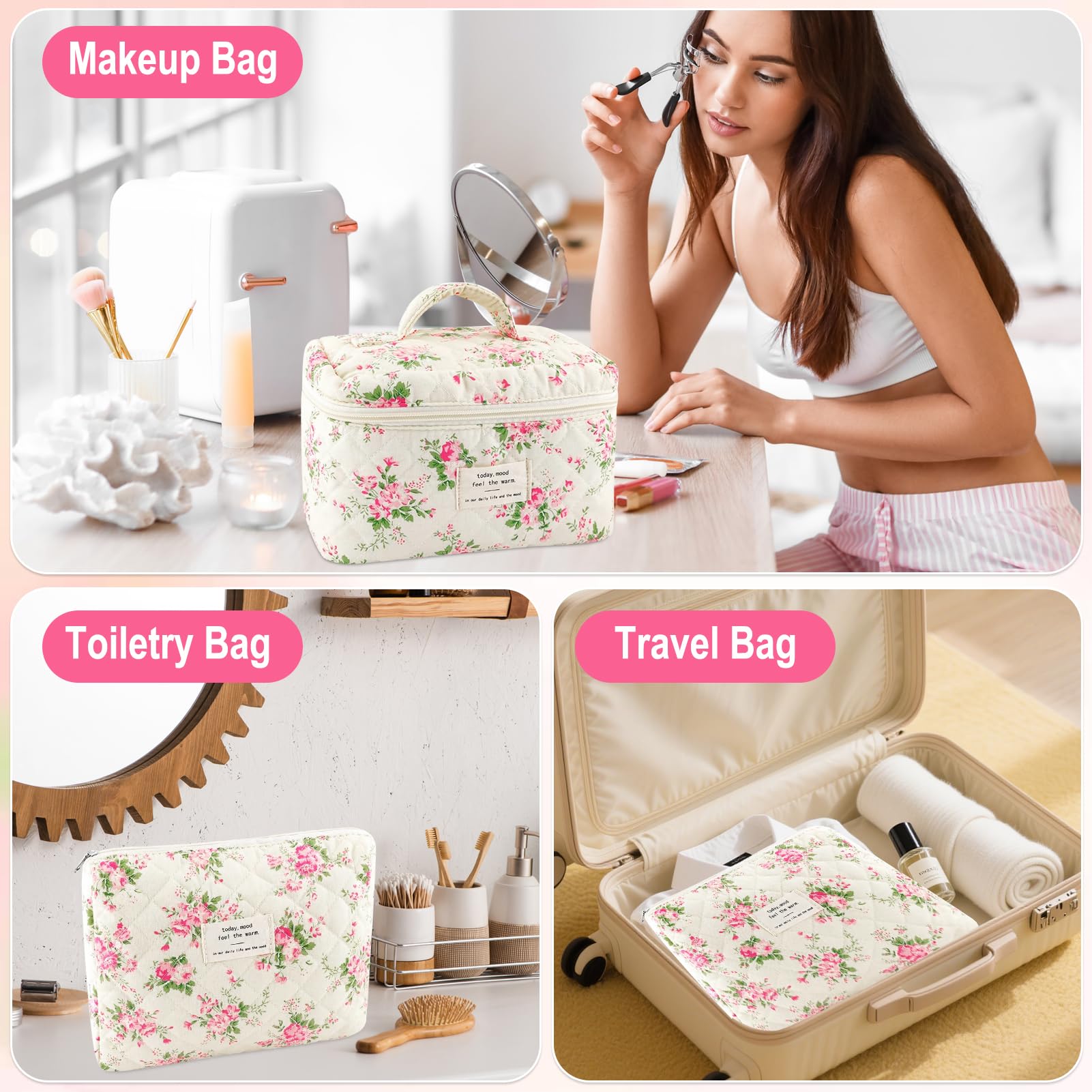 URSKYTOUS 3Pcs Cotton Quilted Makeup Bag Set – Floral Travel Cosmetic Bags for Women