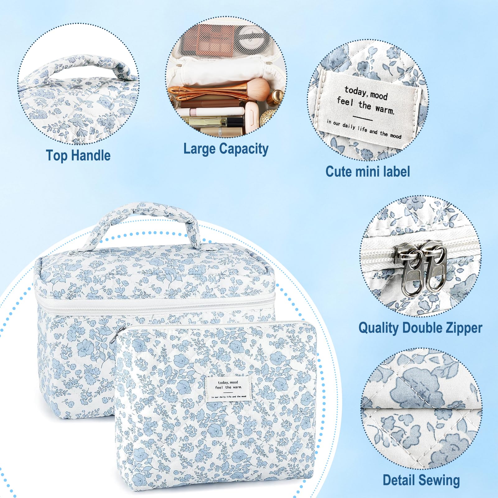 URSKYTOUS 2Pcs Cotton Quilted Makeup Bags — Extra Large & Small Travel Cosmetic Set, Blue Floral