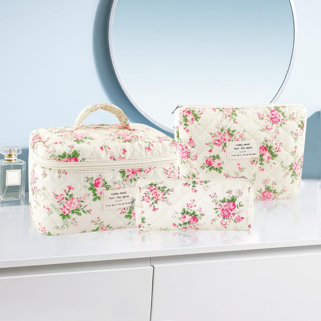 URSKYTOUS 3Pcs Cotton Quilted Makeup Bag Set – Floral Travel Cosmetic Bags for Women