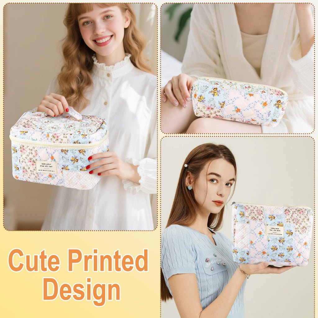 URSKYTOUS 3Pcs Cotton Quilted Makeup Bag Set – Floral Bee Pattern, Travel Cosmetic Bags