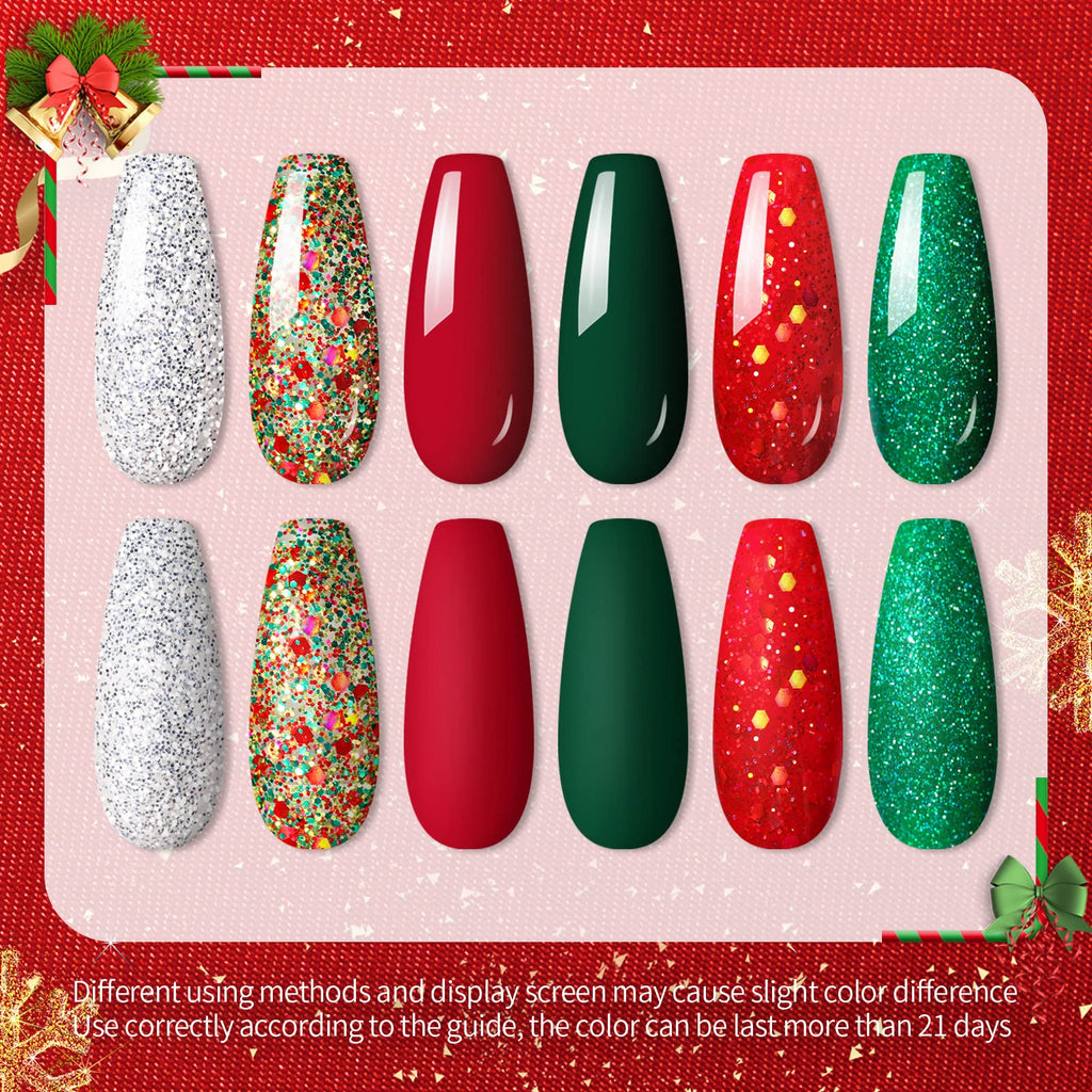 UR SUGAR Christmas Gel Nail Polish Set — 6 Colors (Sparkle Green, Dark Green, Glitter Red, Christmas Red, Bling Silver, Glitter Champagne)