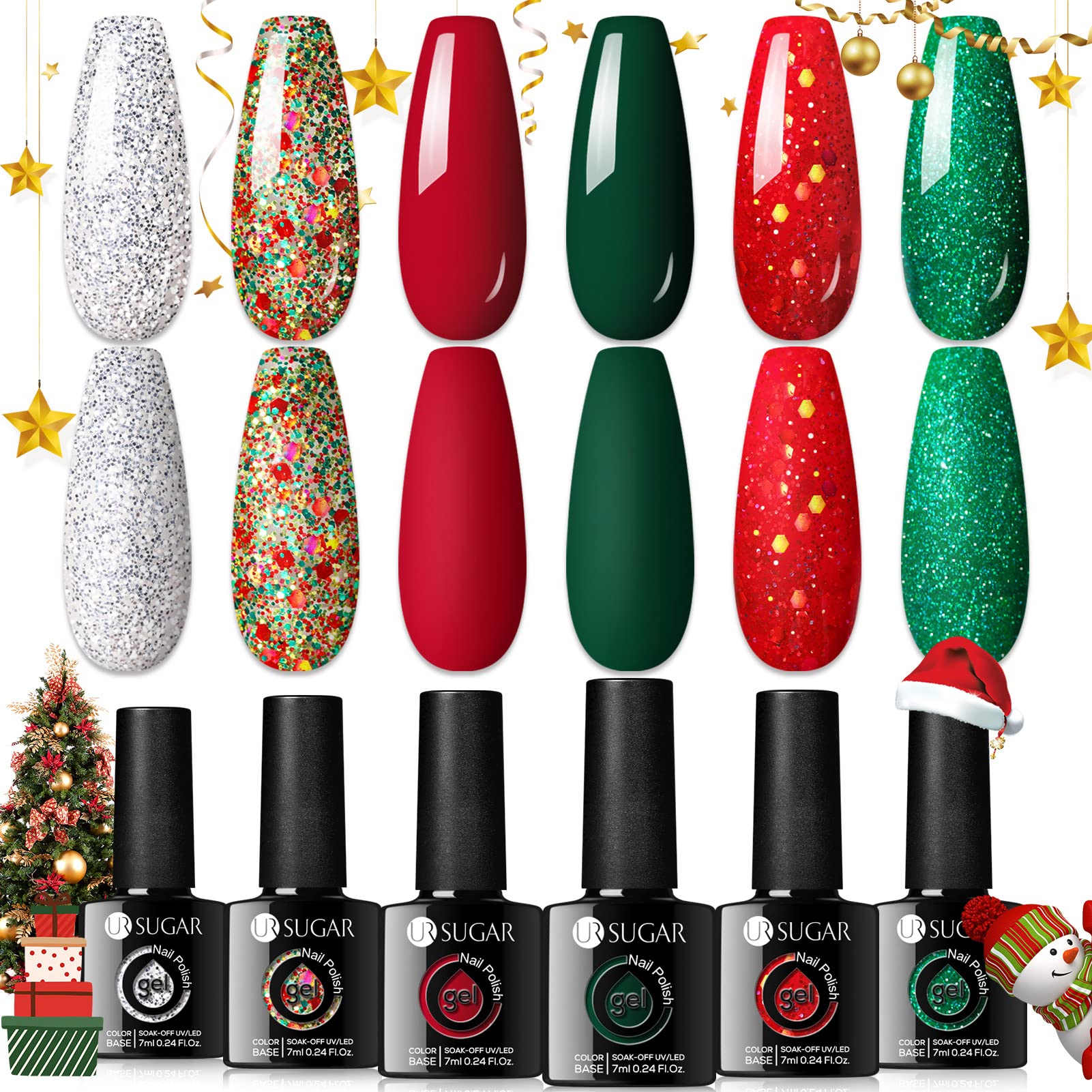 UR SUGAR Christmas Gel Nail Polish Set — 6 Colors (Sparkle Green, Dark Green, Glitter Red, Christmas Red, Bling Silver, Glitter Champagne)