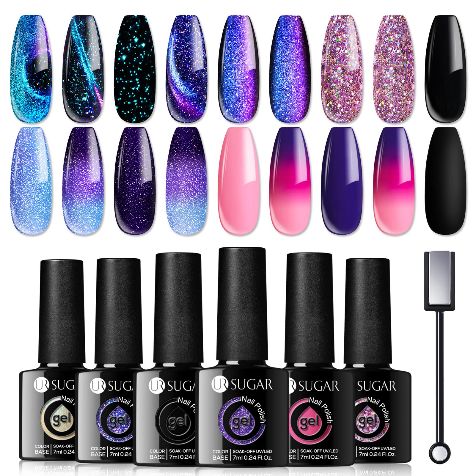 UR SUGAR Glitter Gel Nail Polish Set – 6 Colors Magnetic & Color-Changing Gel Kit (Soak-Off)