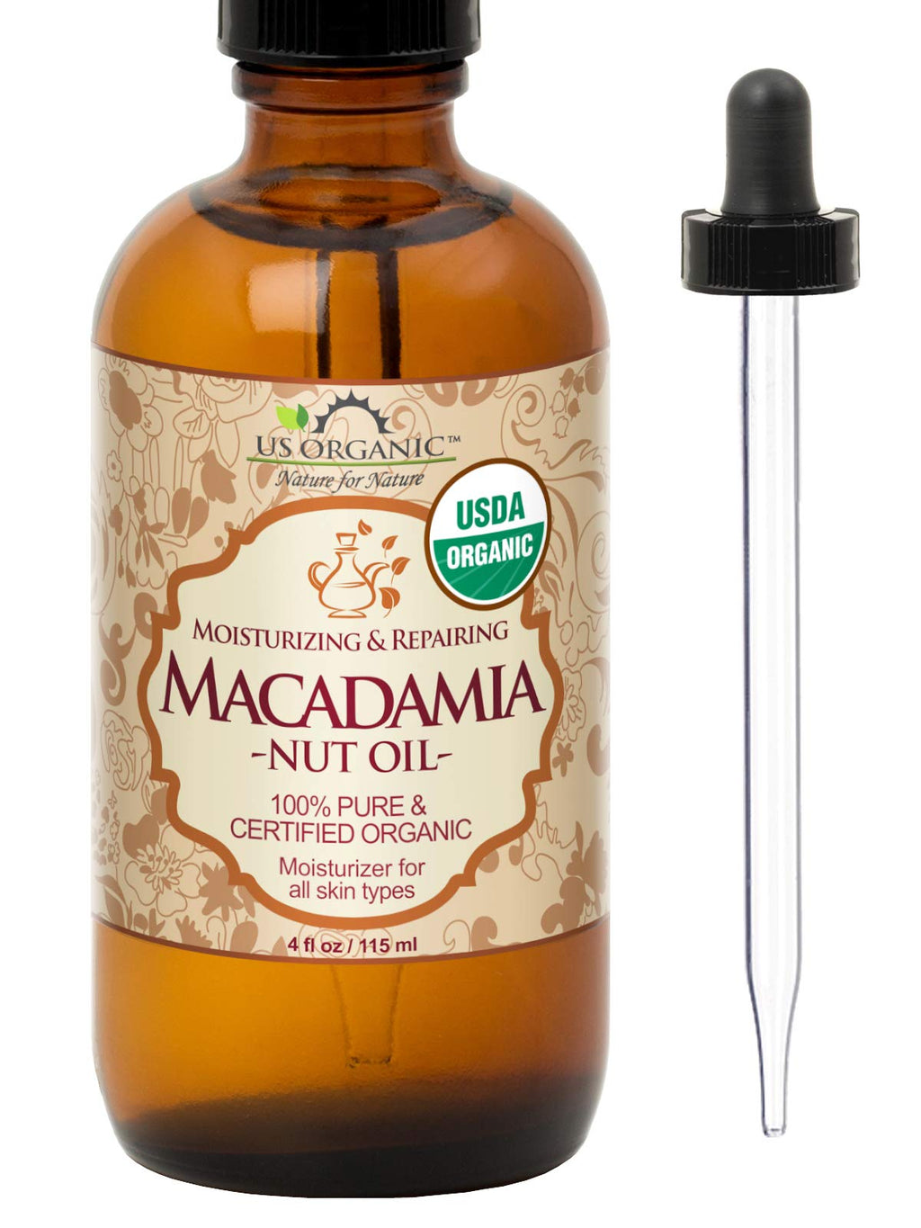 US Organic Macadamia Nut Oil — Unrefined, Cold-Pressed, Certified Organic, 4 oz Amber Bottle with Dropper