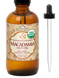 US Organic Macadamia Nut Oil — Unrefined, Cold-Pressed, Certified Organic, 4 oz Amber Bottle with Dropper