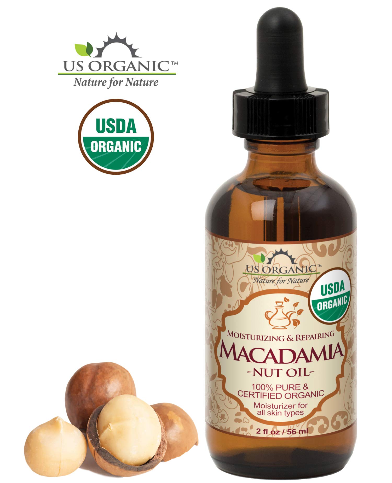 US Organic Macadamia Nut Oil – Cold-Pressed, Organic, Amber Bottle with Dropper (2 oz)
