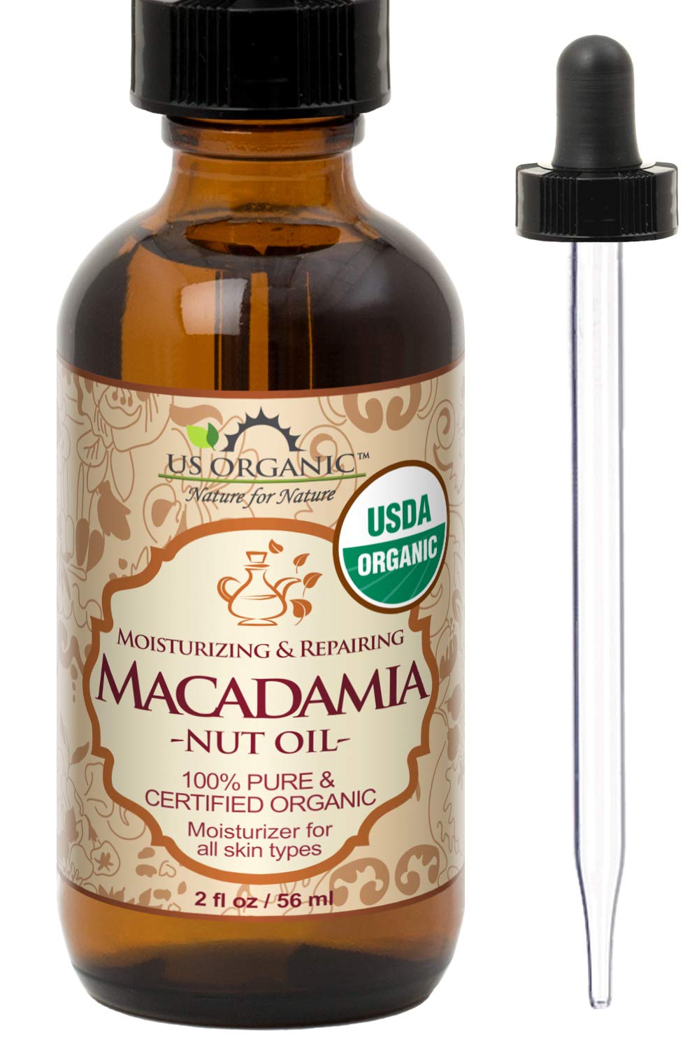 US Organic Macadamia Nut Oil – Cold-Pressed, Organic, Amber Bottle with Dropper (2 oz)