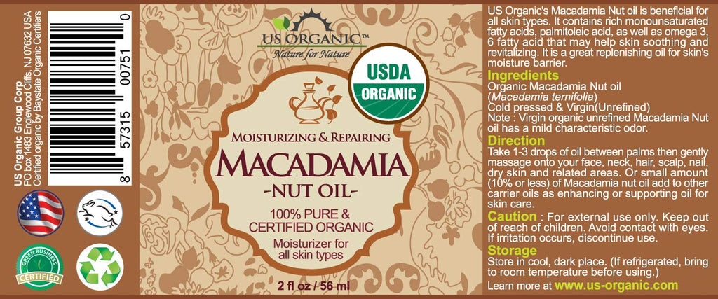 US Organic Macadamia Nut Oil – Cold-Pressed, Organic, Amber Bottle with Dropper (2 oz)