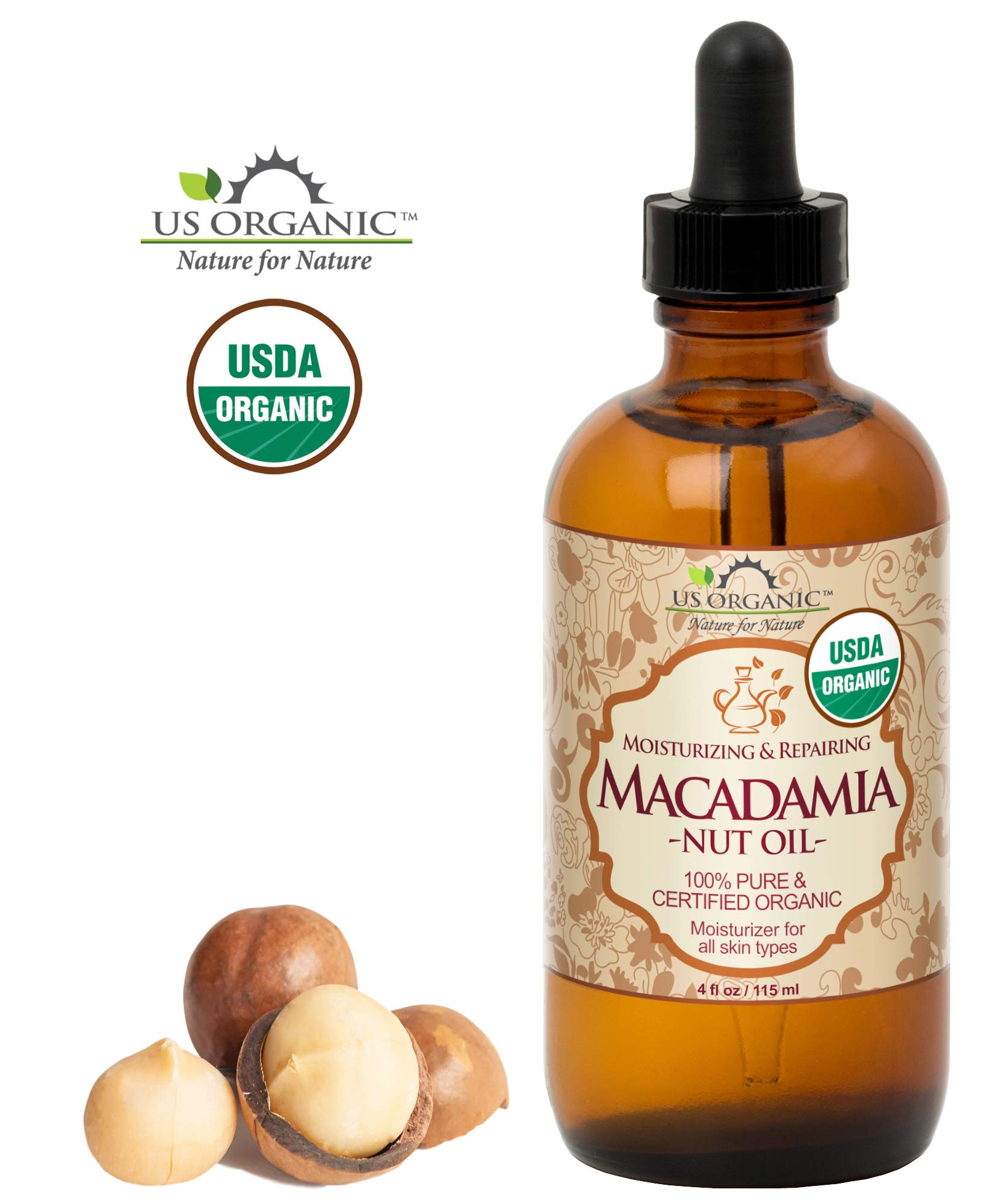 US Organic Macadamia Nut Oil — Unrefined, Cold-Pressed, Certified Organic, 4 oz Amber Bottle with Dropper