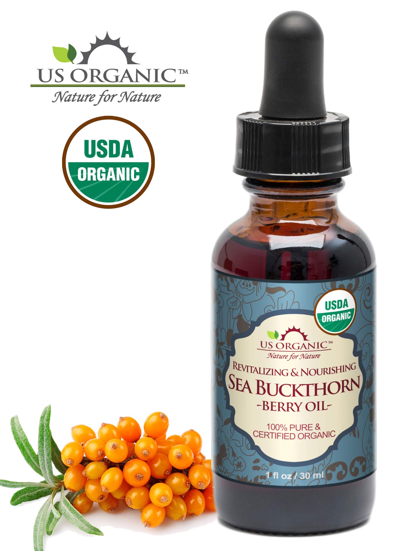 US Organic Sea Buckthorn Berry Oil – 100% Pure, USDA Organic, Supercritical CO2 Extracted, 1 oz