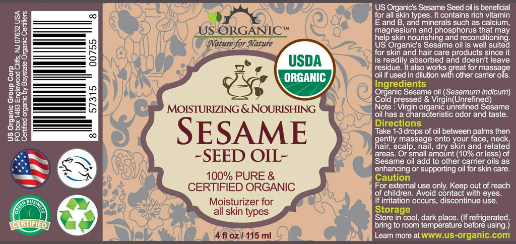 US Organic Sesame Seed Oil – USDA Organic, Untoasted, Unrefined Virgin, Cold-Pressed (4 oz) Amber Bottle with Dropper