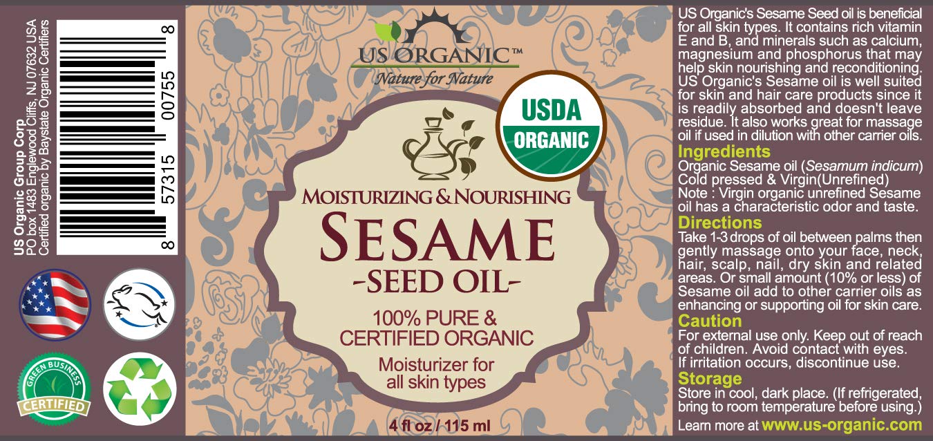 US Organic Sesame Seed Oil – USDA Organic, Untoasted, Unrefined Virgin, Cold-Pressed (4 oz) Amber Bottle with Dropper